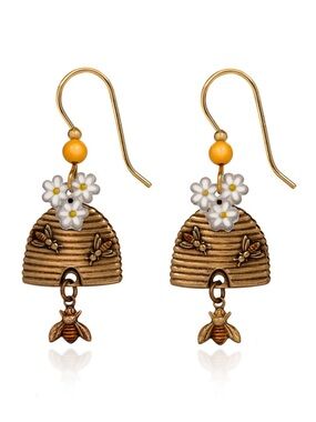 Silver Forest Gold Beehive Drop Earrings with White Daisies and Yellow Beads